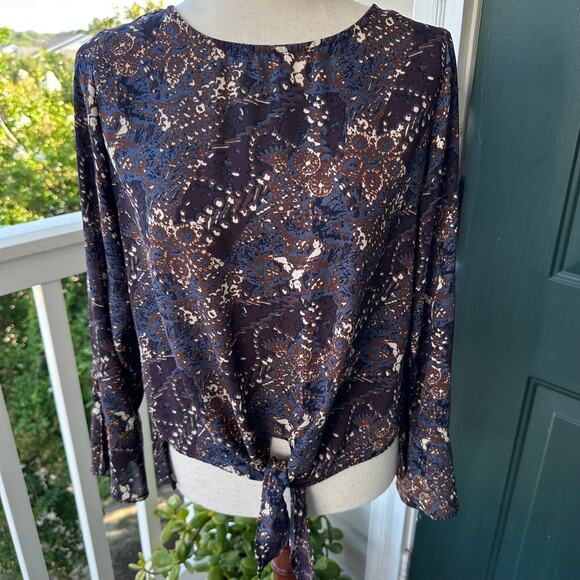 Veronica M Navy Bronze Abstract Print Tie Front Blouse XS Long Sleeve USA Made - Picture 1 of 8
